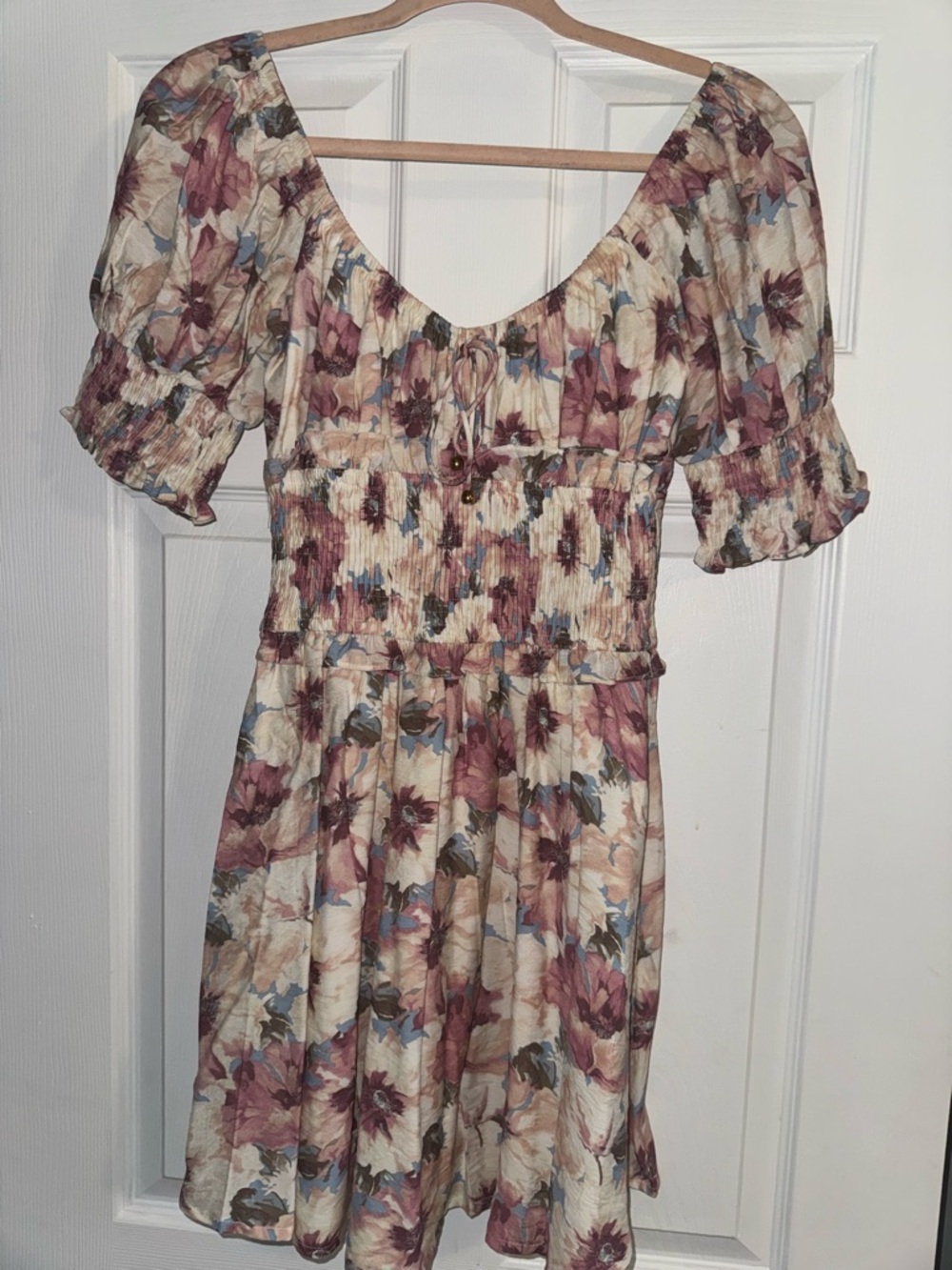 Hello Molly Cream Mini Dress with Mauve and Dusty Blue Floral Print